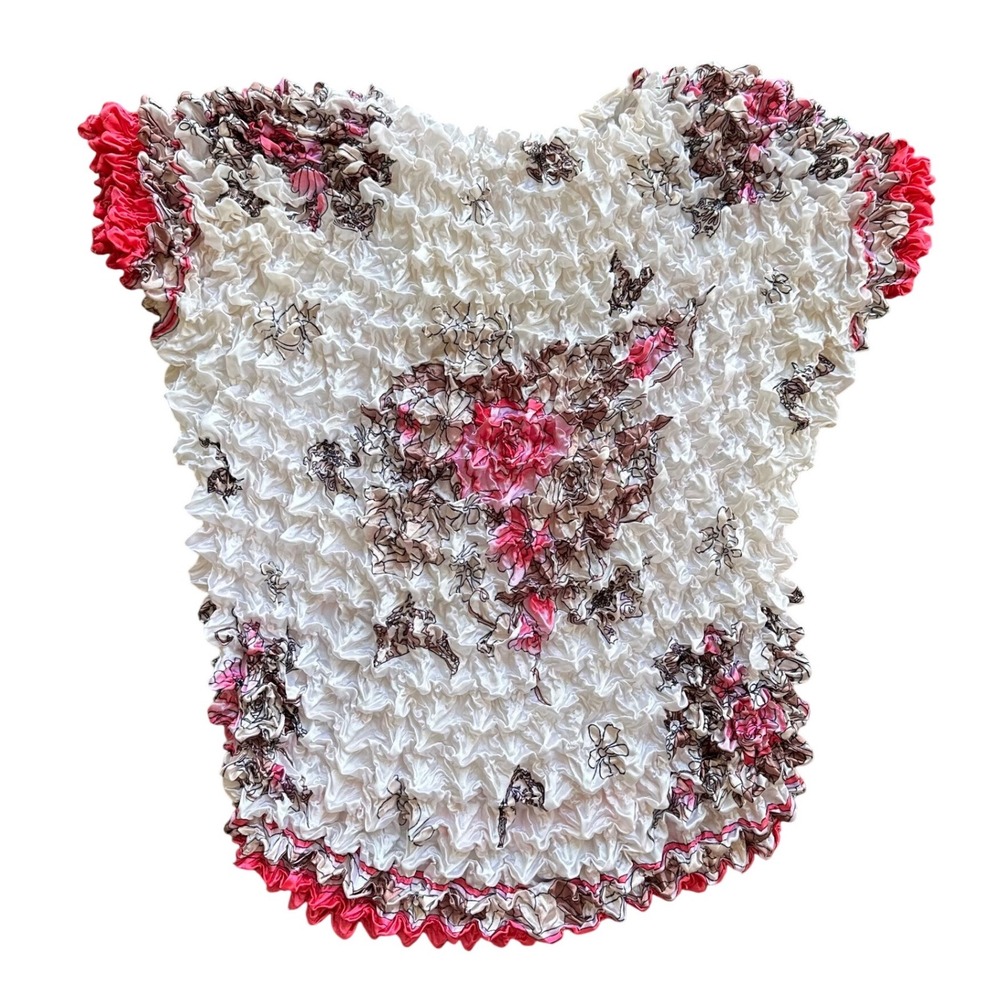 Vintage Y2K Popcorn Top Floral Pink White Crinkle Stretch One Size Blouse